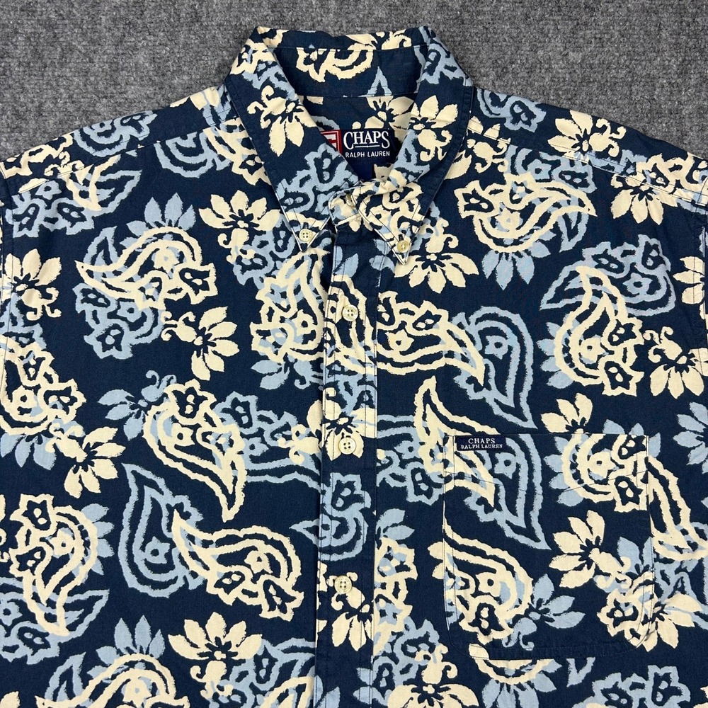 Chaps Ralph Lauren Button Down Shirt Mens L Navy Hawaiian Aloha Vtg 90s Y2k